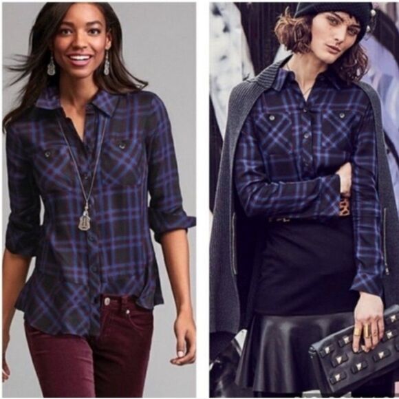 CAbi 3431 Check Plaid Shirt Peplum Button Down Purple bule Medium - Picture 1 of 12